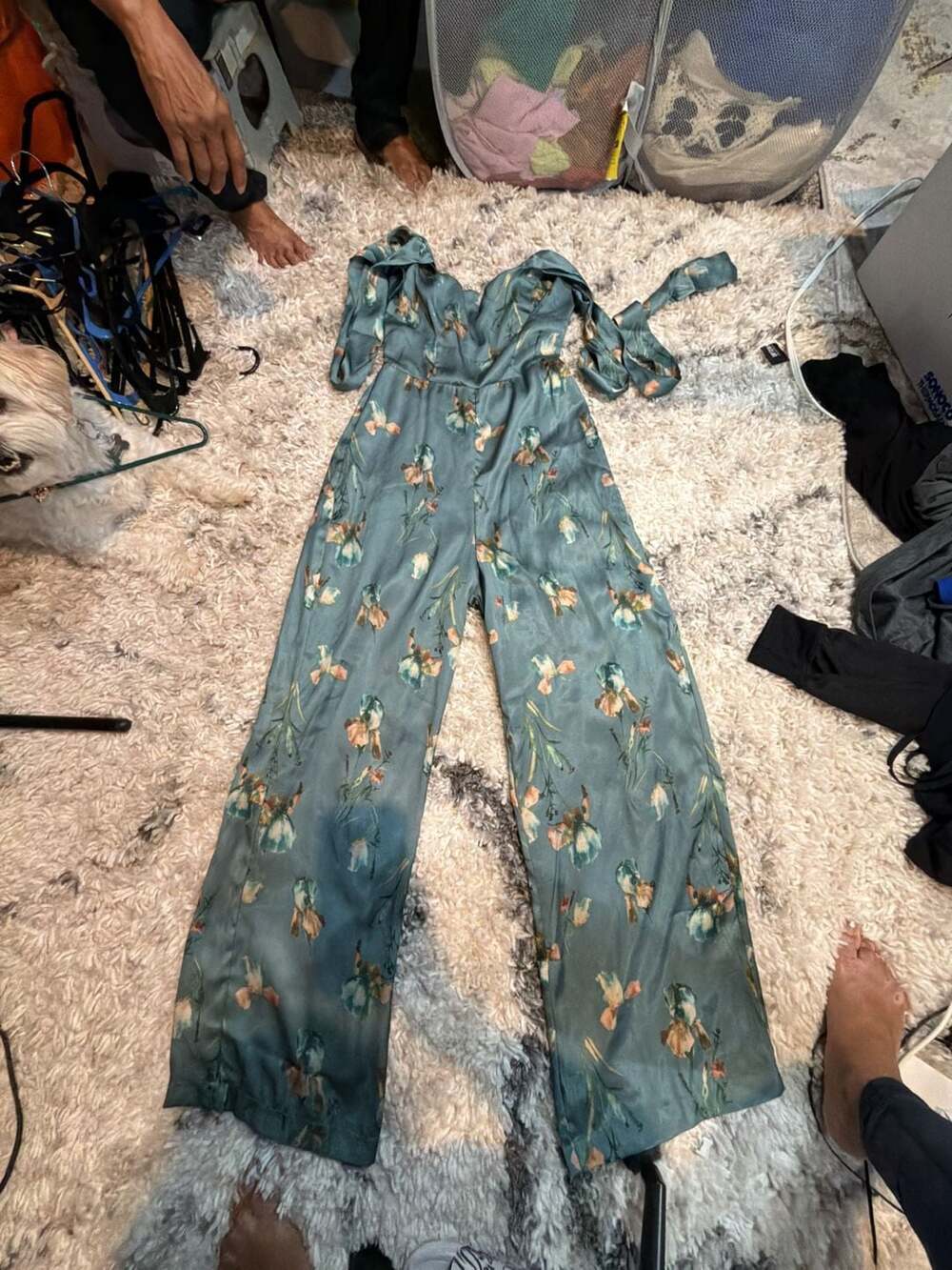 Lulus Gorgeous Stance Teal Green Floral Satin Wide-Leg Jumpsuit